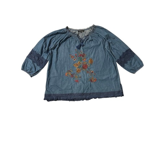 Caleas Embroidered Denim Tunic Top 1X Blue Floral Lace Bohemian Festival - Picture 1 of 7